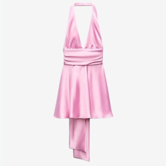 Zara Pink Satin Halter Mini Dress L Bow Waist A-Line Cocktail Party - Picture 2 of 16